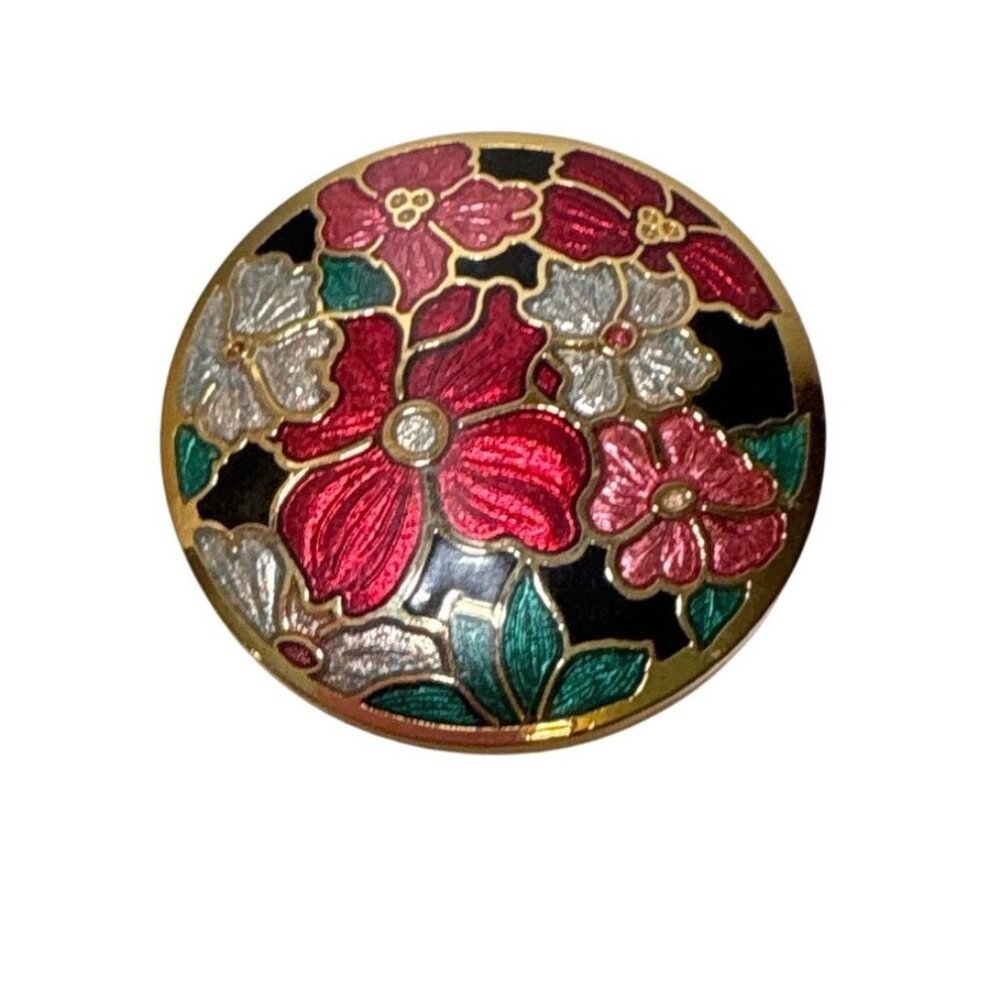 Celtic Sea Gems Gold Tone Enamel Floral Brooch Pin Red Silver Flowers 1.5"